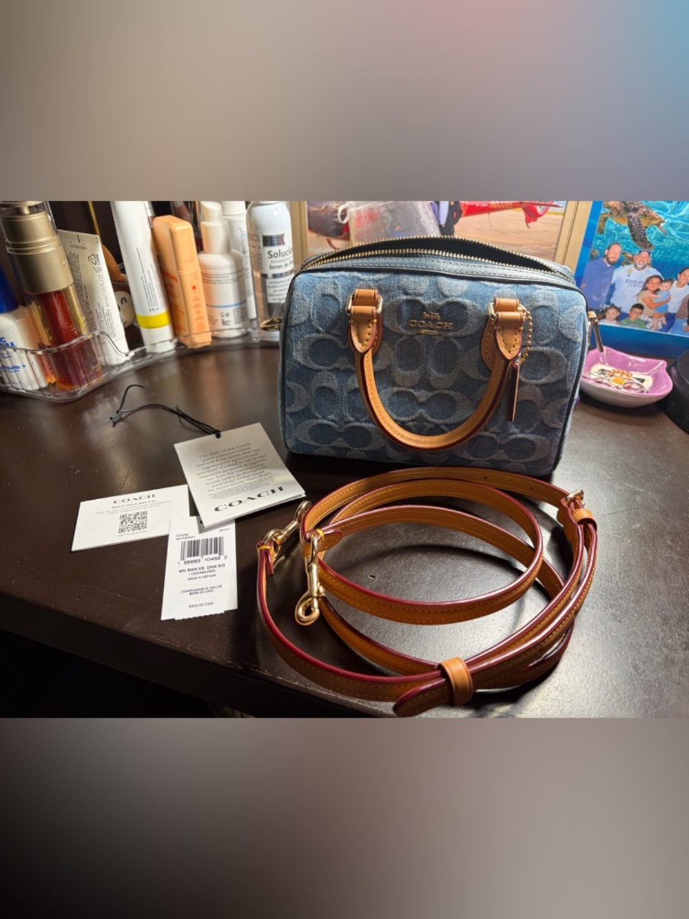 Coach Blue Denim Mini Rowan Satchel with Tan Leather Trim and Gold Hardware